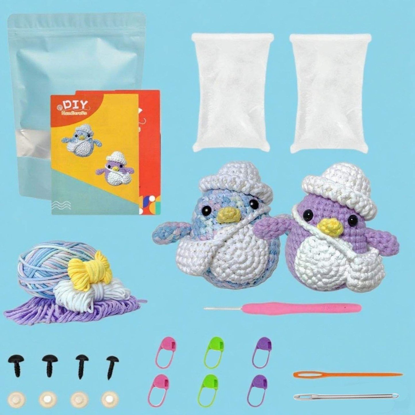 Beginner Friendly Crochet Amigurumi Kit for Blue Purple Penguin Doll Making Set