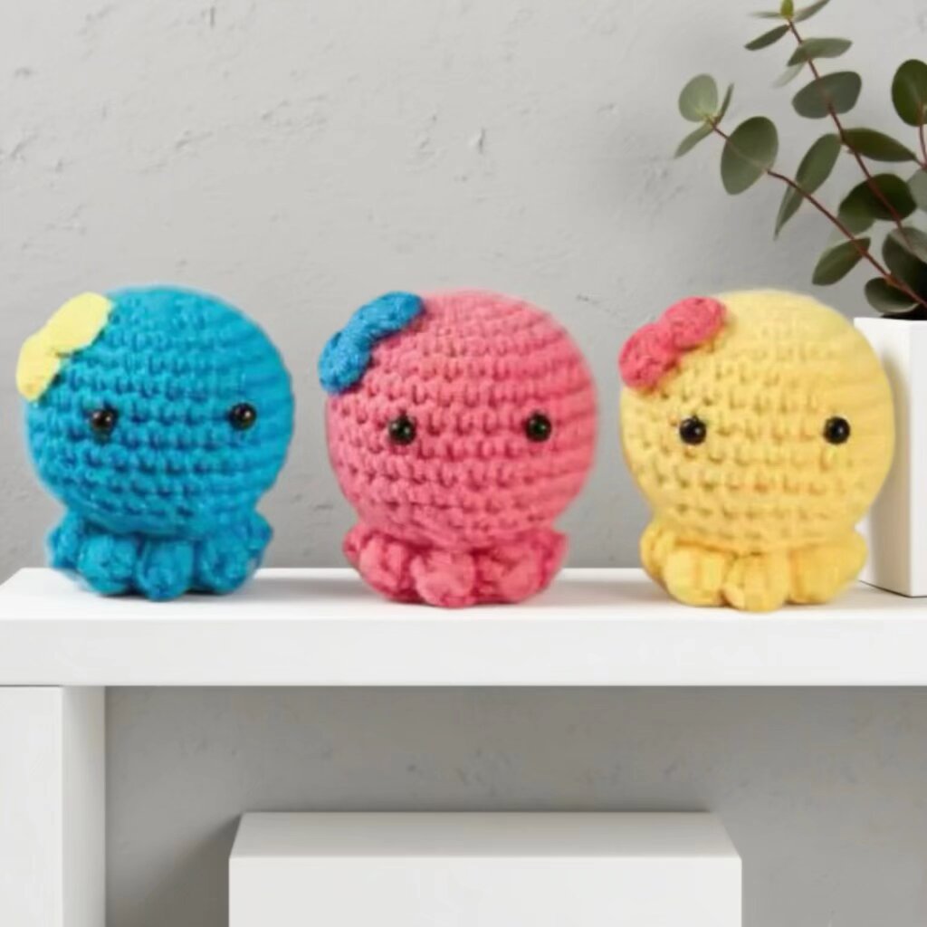 3-Color Octopus Animal Crochet Kit DIY Amigurumi Plush Set with Yarn Handmade Keychain Gift for Easy Crochet Craft Project