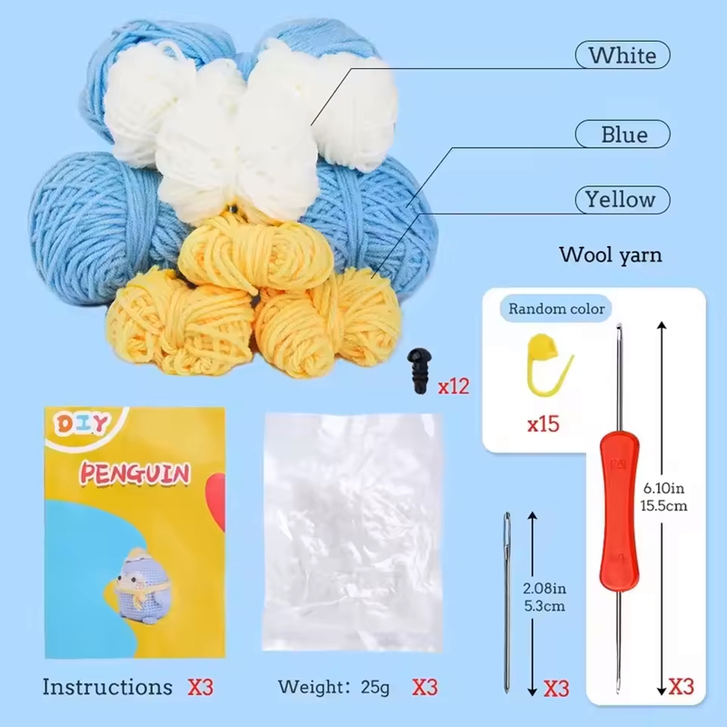 3pcs Penguins Cute Animal Family Crochet Kit For Beginners Diy Creative Knitting Wool Diy Craft With Video Tutorials