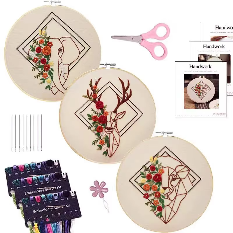 Hand Floral Pattern Embroidery Set Beginners DIY Hollowed Fabric Material Pack