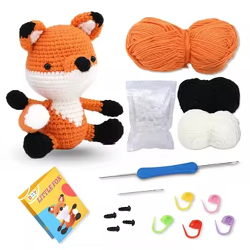 Animal Weaving Doll Kit Orange Color Fox Beginners Easy to Do with Instructions Creative DIY Crochet Making Keychain Pendant Set