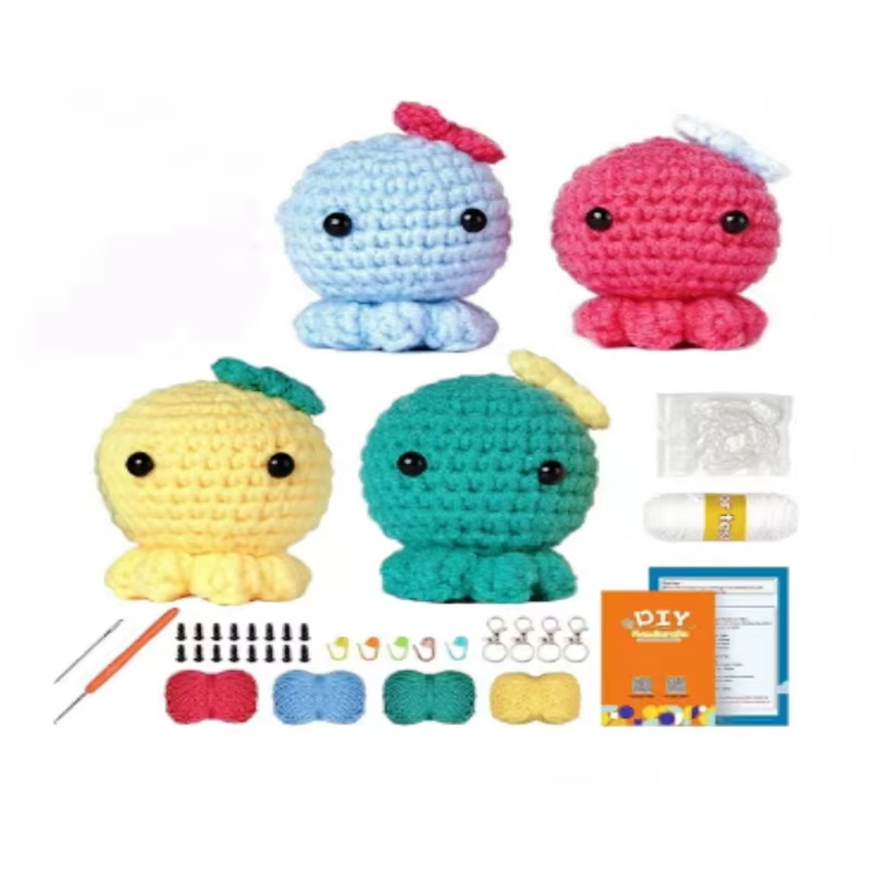 4 Pcs Crochet Animal Set for Starter DIY Knitting Octopus Dolls with Step-by-Step Video Tutorials Making Keychain Pendant Kits