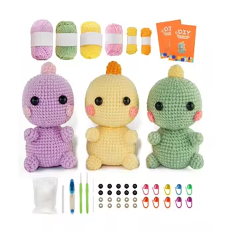 Crochet Starter Kit with Step-by-Step Video Tutorials Mini Knitting Set for Toy Dolls Includes Yarn 3 Patterns Plush Dinosaurs