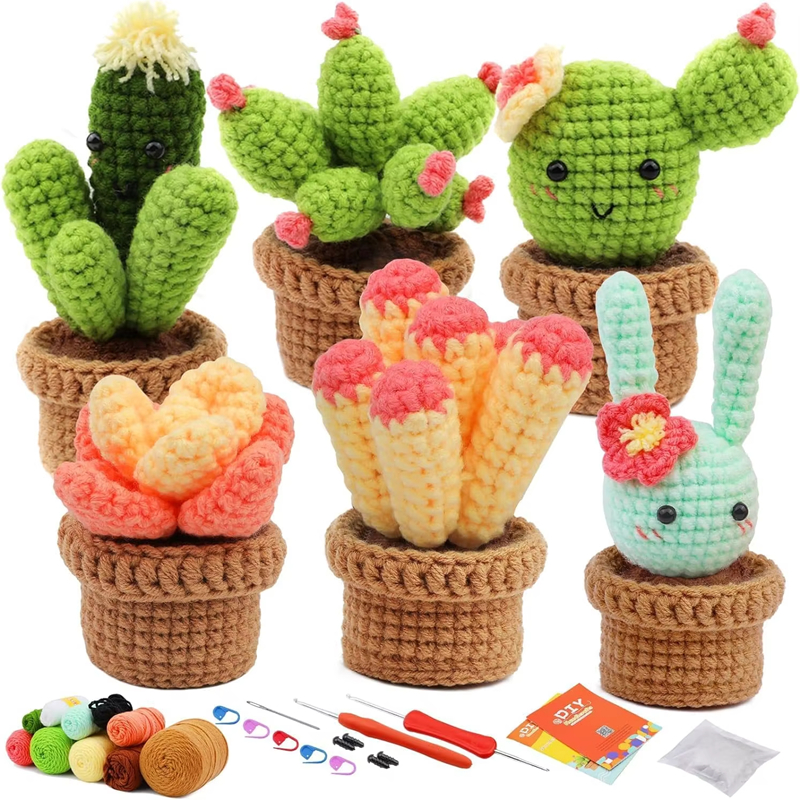 6 pcs Plant Doll Crochet Kit for Beginner Easy DIY Knitting Doll Process Learn to Weaving Succulent Plants Sets