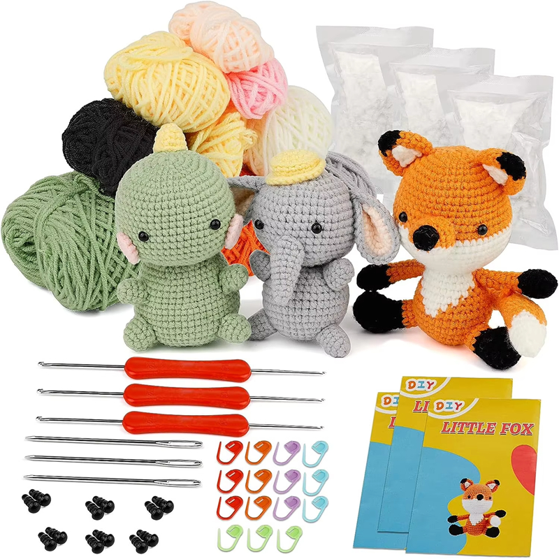 3pcs/set Yarn Crochet Animal Kit Dinosaur Fox Elephant Shaped Knitting Kit Starter Handwork Weaving Keychain Pendant Tools Set