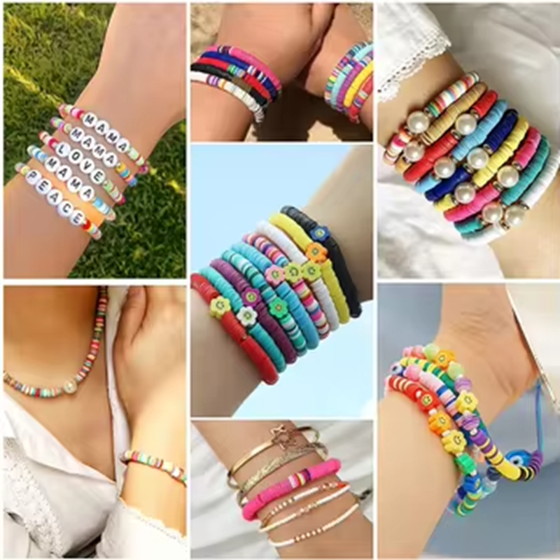 Colorful Flat Round Polymer Clay Beads Jewelry Diy Clay Bead Bracelet Making Kit