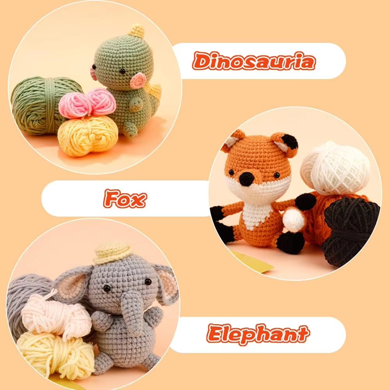 3pcs/set Yarn Crochet Animal Kit Dinosaur Fox Elephant Shaped Knitting Kit Starter Handwork Weaving Keychain Pendant Tools Set