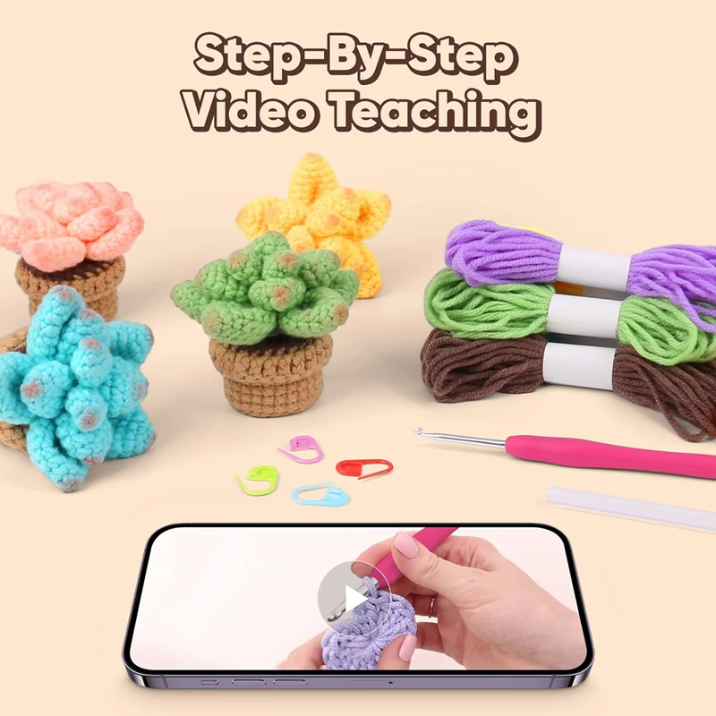 High Quality Crochet Kit for Beginners DIY Knitting 5-Pcs Succulents Includes Starter Making Tutorial Exquisite Hand Weaving Set