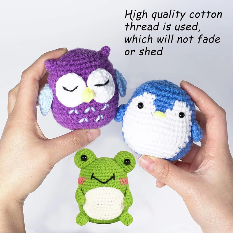 Crochet Starter Kits Mini Plush Doll Set Includes Penguin Frog Owl Material Bag