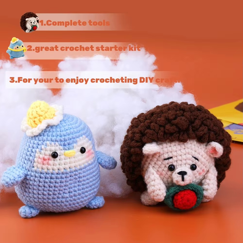 Crochet Penguins and hedgehogs Doll Pendant Kits Beginners DIY Knit Material Bag