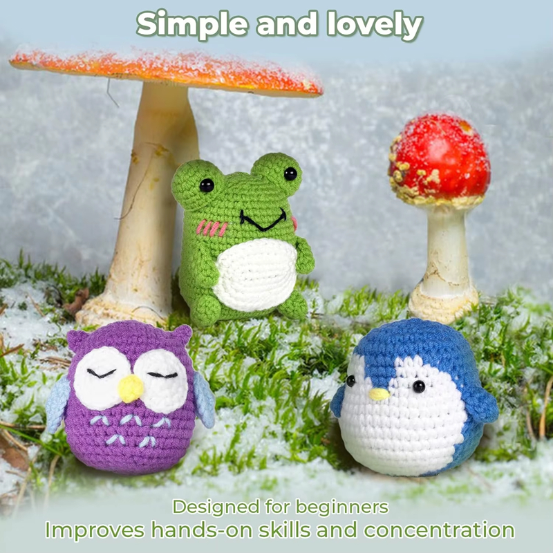 Crochet Starter Kits Mini Plush Doll Set Includes Penguin Frog Owl Material Bag