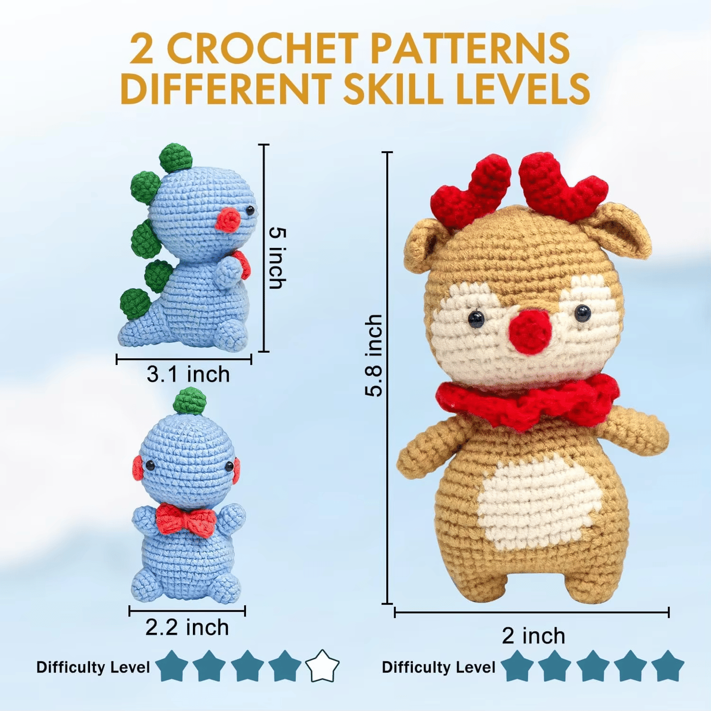 2 Pack Crochet Animal Kit for Beginners Mini Crochet Doll Dinosaur & Deer Set