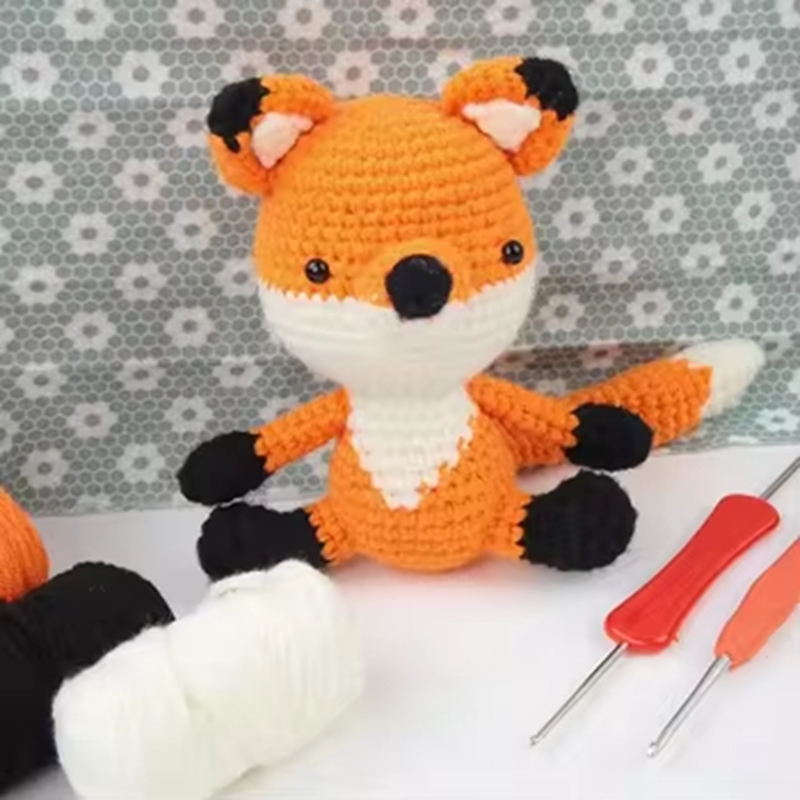 Animal Weaving Doll Kit Orange Color Fox Beginners Easy to Do with Instructions Creative DIY Crochet Making Keychain Pendant Set