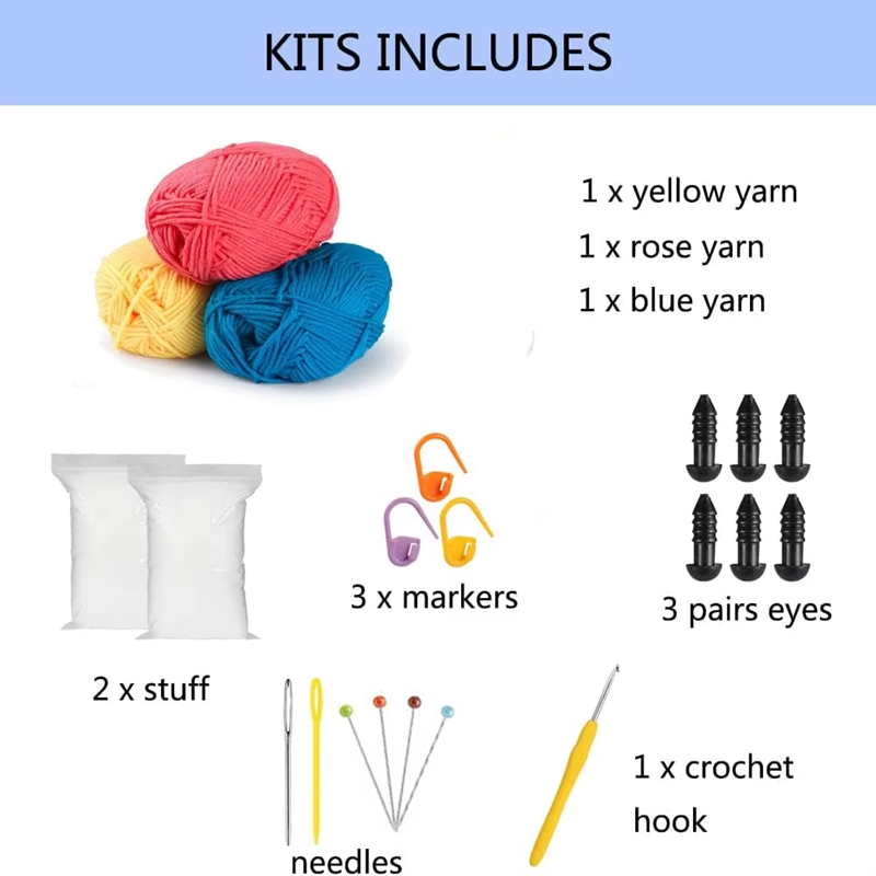 3 Colored Crochet Octopus Set for Starter DIY Knitting Doll Enough Yarn Hook Accessories Making Pendant Keychain Kit