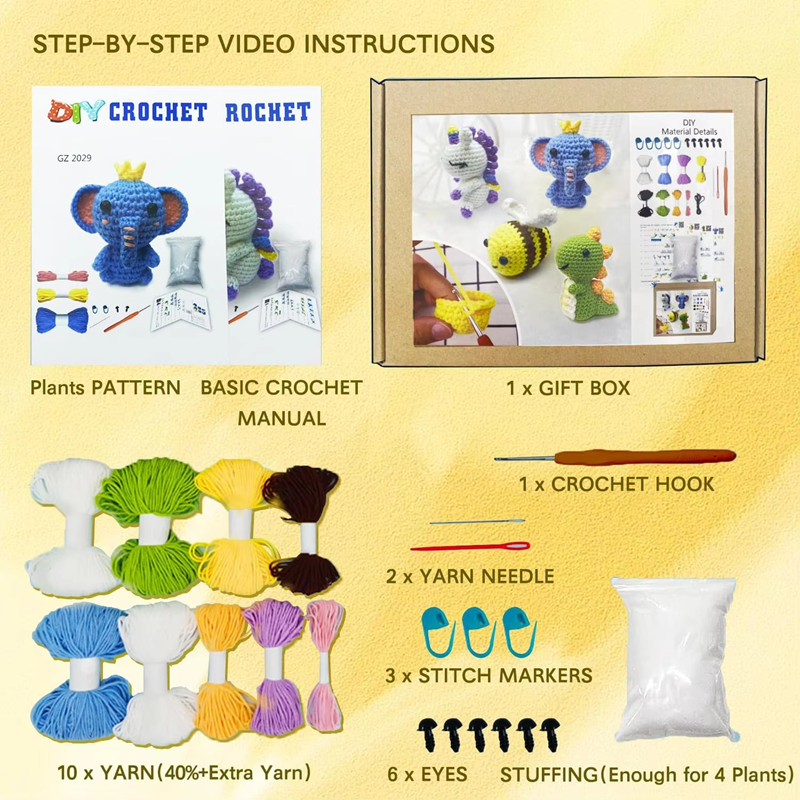 Unisex Crochet Kit for Beginners Animal Knitting with Step-by-Step Video Tutorials DIY Weaving Crafts Set