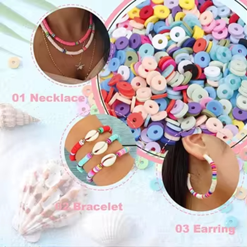 Flat Round Heishi Clay Beads Kit with Spacer Beads Decoration Charms Polymer Bracelet Making Tassel Pendant Kit