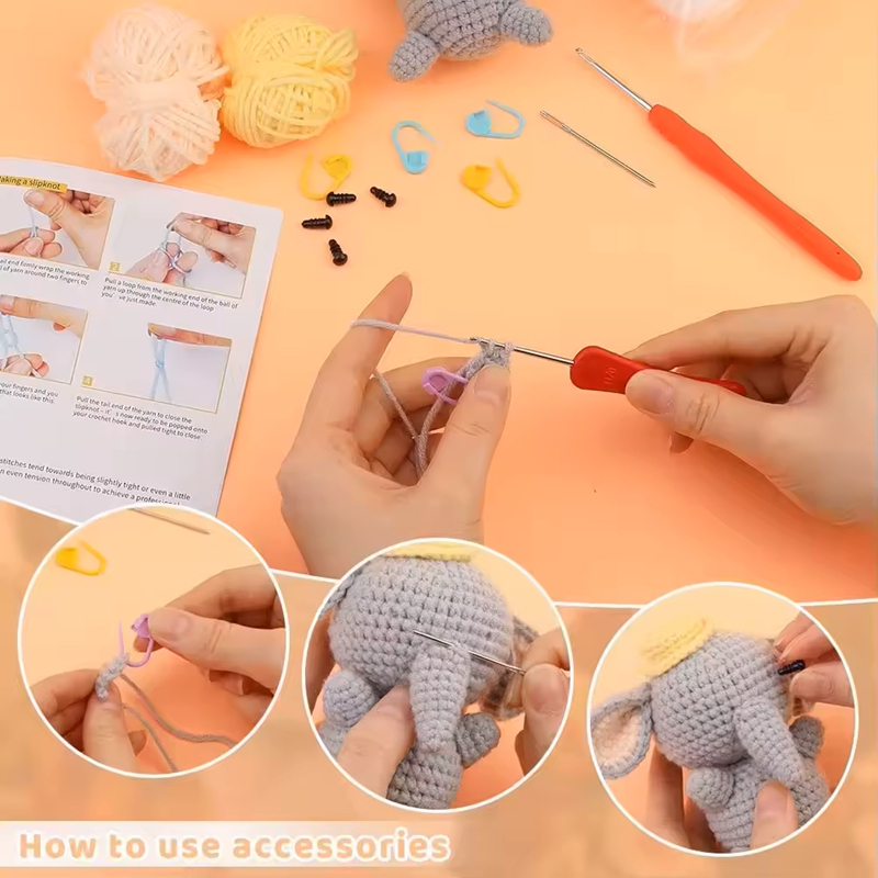 Easy to do DIY handmade elephant shaped DIY crochet kit for beginners with tube yarn crochet DIY animal set