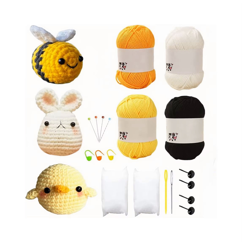 Crochet Bee Chick Rabbit Kits DIY Knit Plush Animal Doll Pendants Material Set