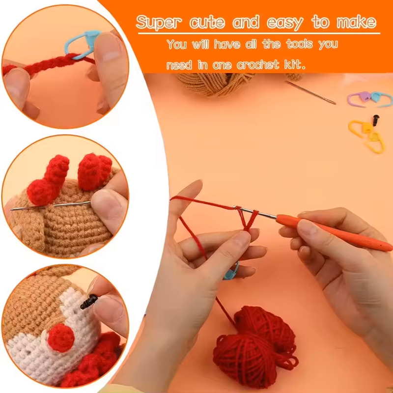 Brown and red color elk shaped animal doll making with baby yarn DIY knitting tool kit for handmade toys for beginners