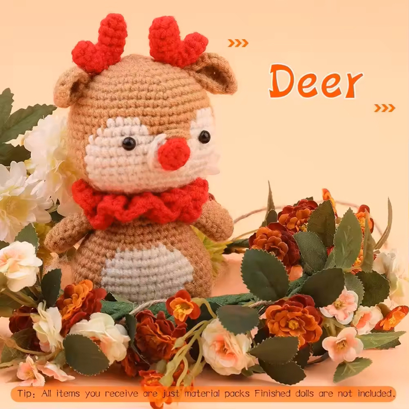 Brown and red color elk shaped animal doll making with baby yarn DIY knitting tool kit for handmade toys for beginners