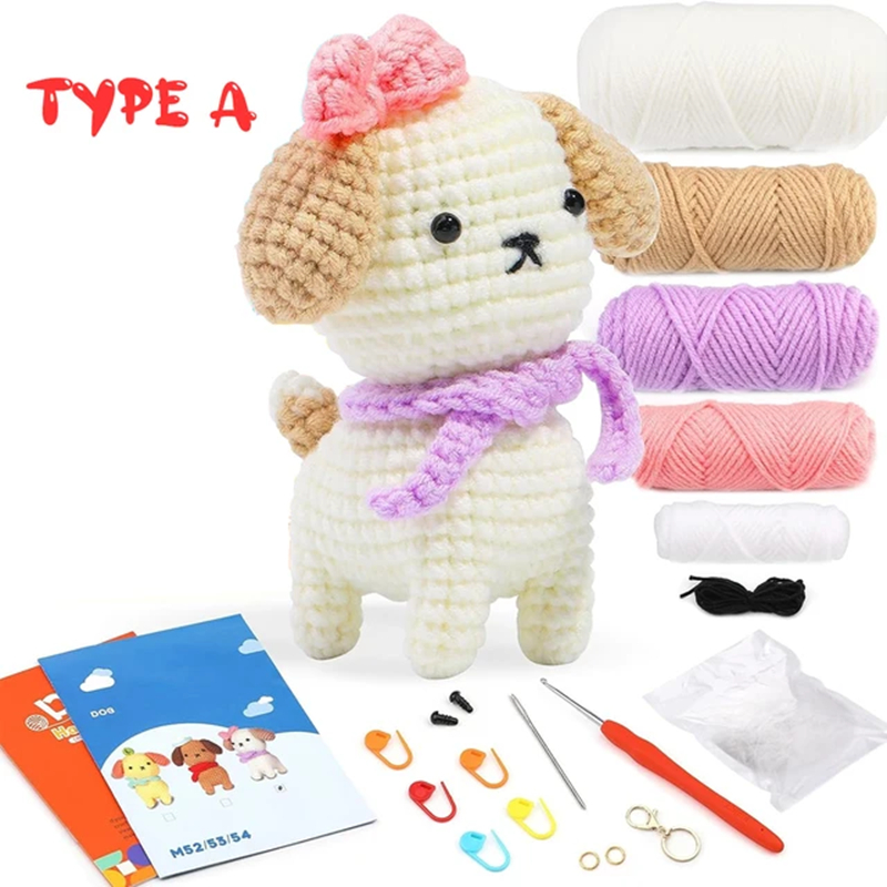 Lovely Crochet Dog Doll Weaving Set for beginners DIY knitting pendant keychain Kit