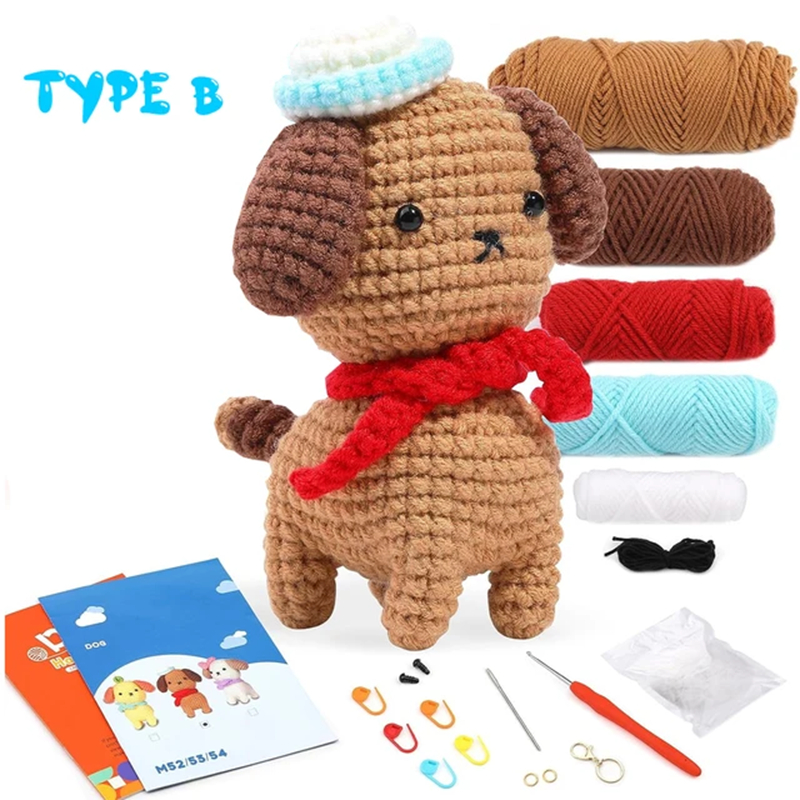 Lovely Crochet Dog Doll Weaving Set for beginners DIY knitting pendant keychain Kit