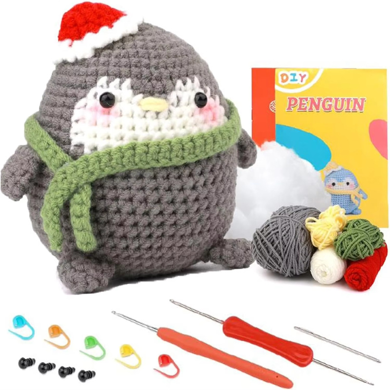 High Quality DIY Crochet Animal Kit for Beginners Handwork Knitting Exquisite Gray Penguin Plush Doll Pendant Keychain Set