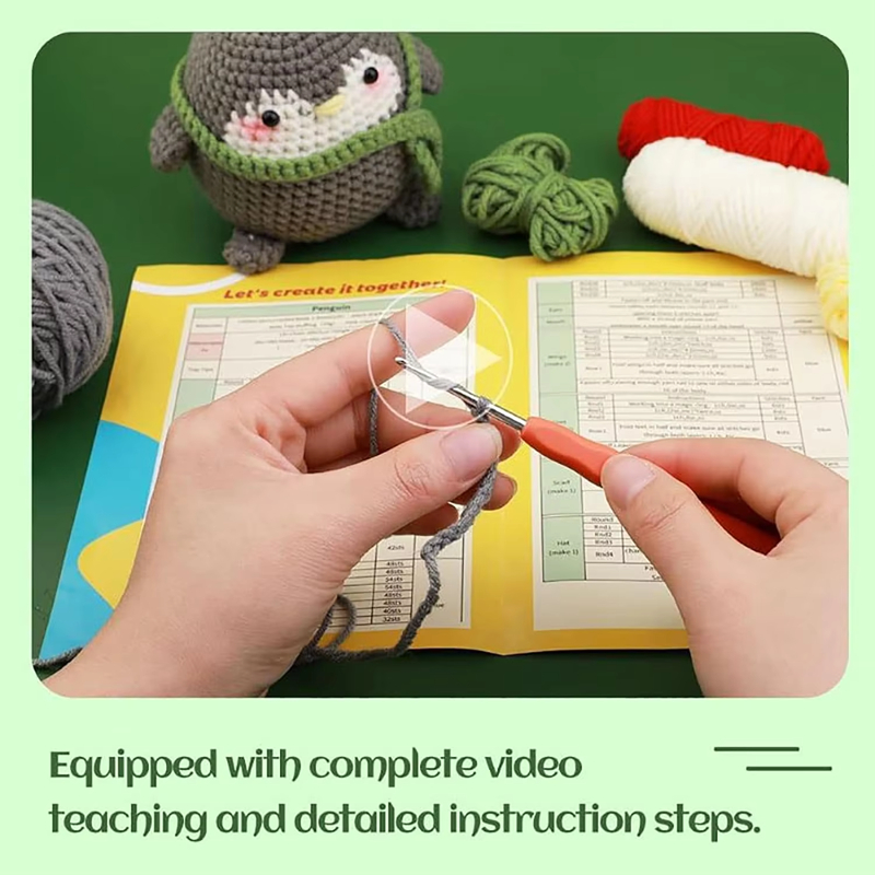 High Quality DIY Crochet Animal Kit for Beginners Handwork Knitting Exquisite Gray Penguin Plush Doll Pendant Keychain Set