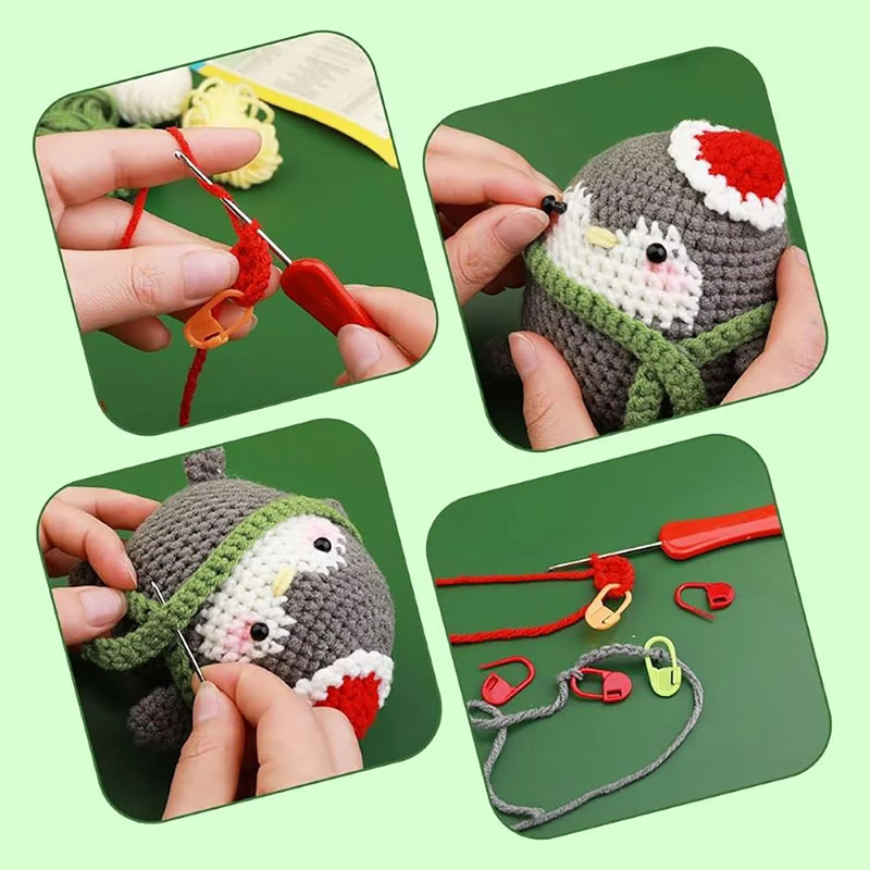 High Quality DIY Crochet Animal Kit for Beginners Handwork Knitting Exquisite Gray Penguin Plush Doll Pendant Keychain Set