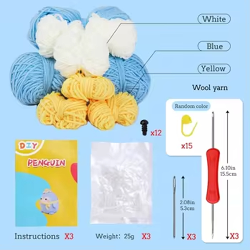 DIY Handmade Cartoon Style Penguin Crochet Kit DIY Knitted Animal Yarn Plush Toy for Kids for Beginner Learners