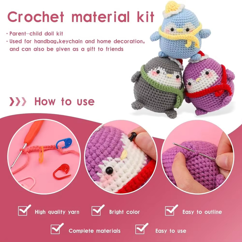 Cute Cartoon Style Penguin Crochet Kit for Starter DIY Knitting Keychain with Crochet Tools Set