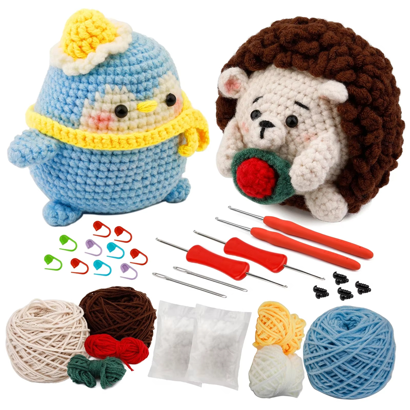 Crochet Penguins and hedgehogs Doll Pendant Kits Beginners DIY Knit Material Bag