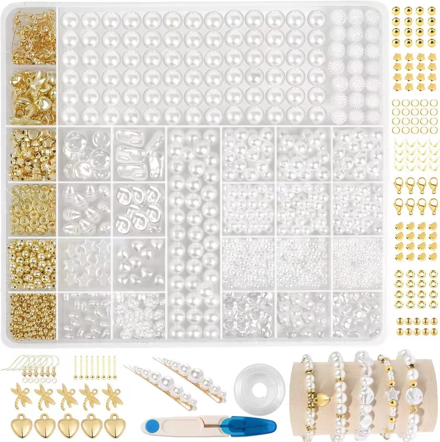 White Color Plastic Pearls With Gold Pendant for DIY Charm Bracelet Making Kit