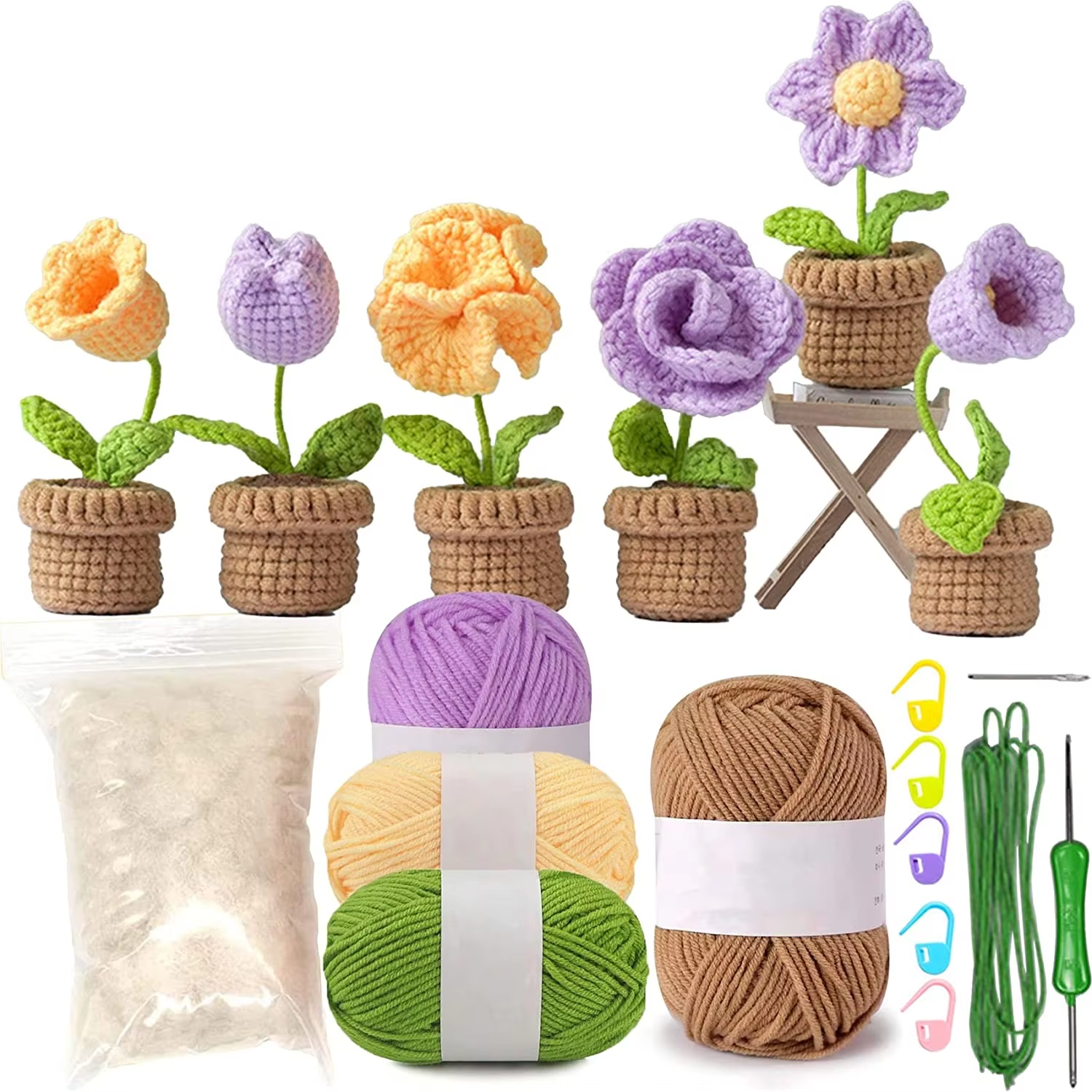 Crochet Flower Shaped Bonsai DIY Material Bag Starter DIY Doll Design Making Set