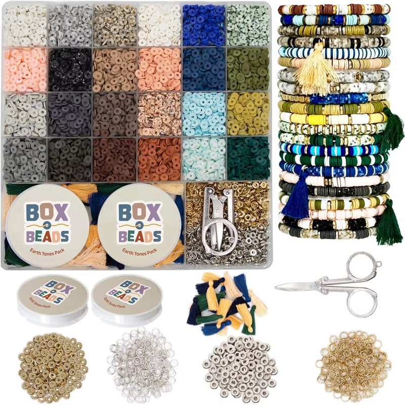 Flat Round Heishi Clay Beads Kit with Spacer Beads Decoration Charms Polymer Bracelet Making Tassel Pendant Kit