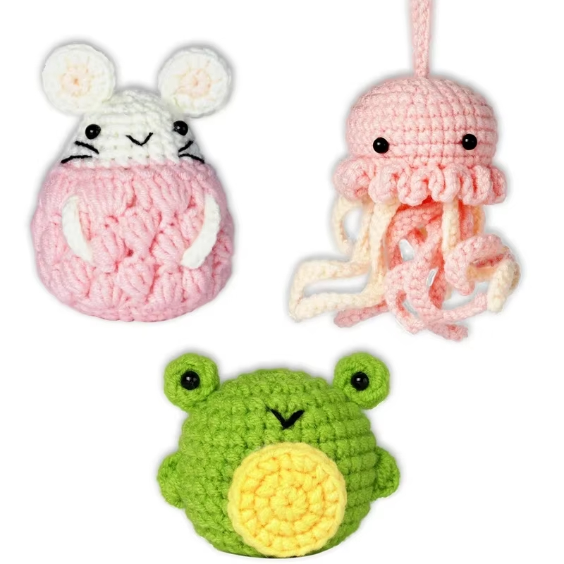 3 Pcs Crochet Animal Set DIY Yarn Knitting Pink Jellyfish Hamster and Green Frog Weaving Plush Doll Easy Starter Making Kit