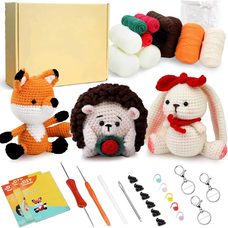 Animals Crochet Doll Kit Beginner DIY Knitting Fox Hedgehogs Rabbit Plush Doll Includes Weaving Yarns Hook Accessories Set