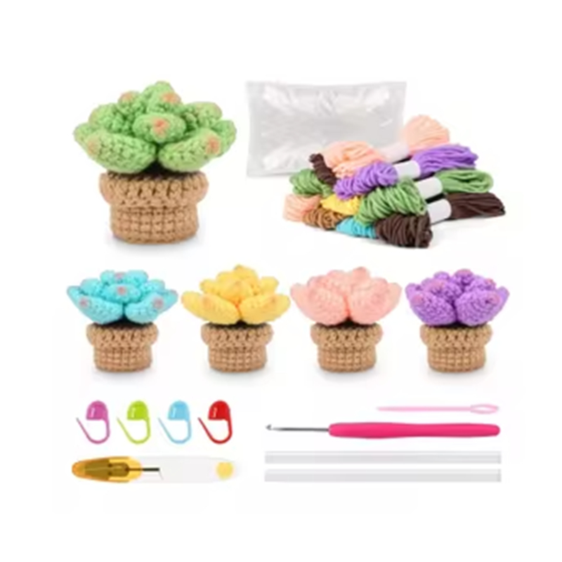 High Quality Crochet Kit for Beginners DIY Knitting 5-Pcs Succulents Includes Starter Making Tutorial Exquisite Hand Weaving Set