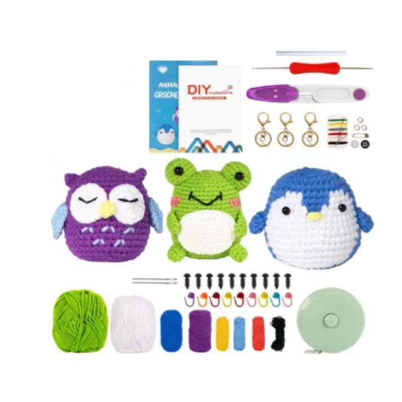 Crochet Starter Kits Mini Plush Doll Set Includes Penguin Frog Owl Material Bag