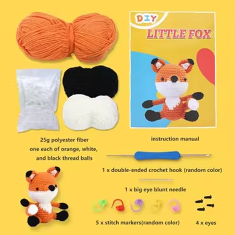 Animal Weaving Doll Kit Orange Color Fox Beginners Easy to Do with Instructions Creative DIY Crochet Making Keychain Pendant Set