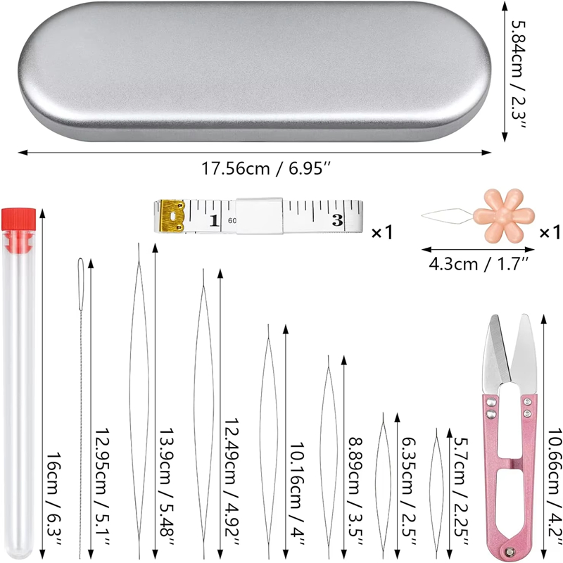 21 pieces of metal beading needles set with tube box packing big eye beading needles with scissors and measure tape for DIY tool