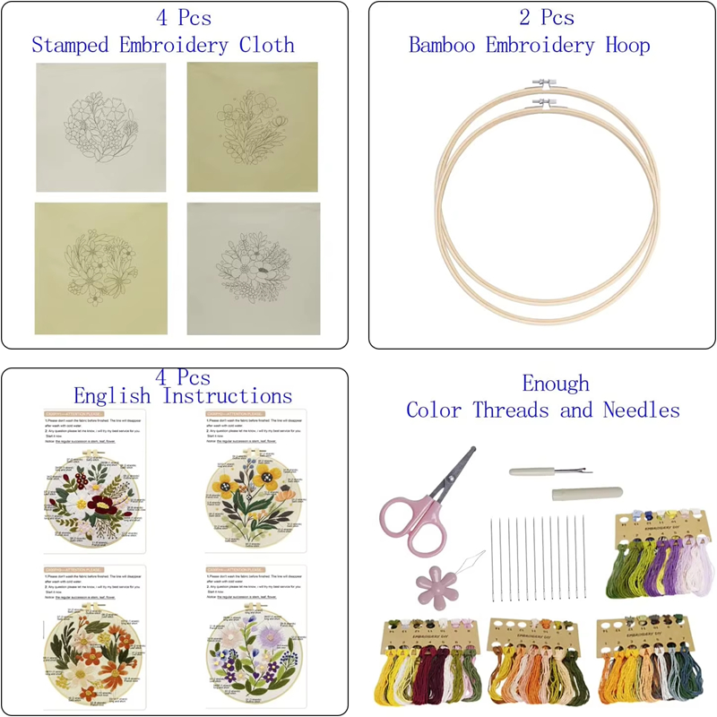 4 Sets DIY Embroidery Kit with Hoops for Beginners Easy Handy Sewing Patterns