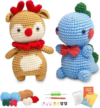 2 Pack Crochet Animal Kit for Beginners Mini Crochet Doll Dinosaur & Deer Set