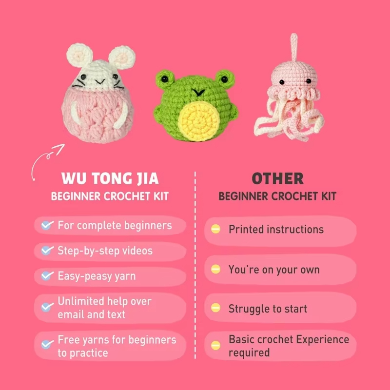 3 Pcs Crochet Animal Set DIY Yarn Knitting Pink Jellyfish Hamster and Green Frog Weaving Plush Doll Easy Starter Making Kit