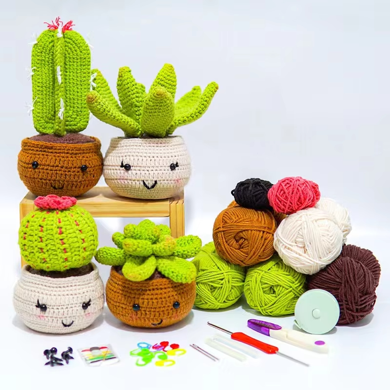 4 pcs Plants Crochet Kit for Beginners DIY Knitting Cactus Family Decoration with Video Tutorials Weaving Materials Tools Set