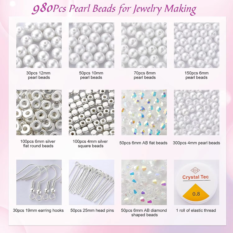 980pcs Acrylic Pearl Beads Jewelry Making Kits for Bracelets Necklaces Earrings