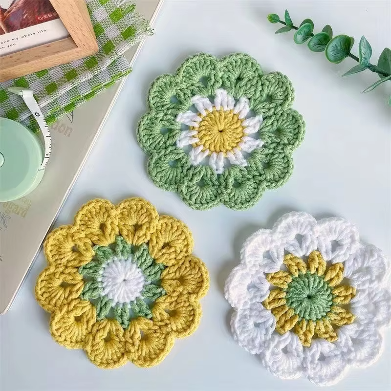 Yarn Woven Coaster Three Colors of DIY Crochet Drink Cup Pad for Home Decoration