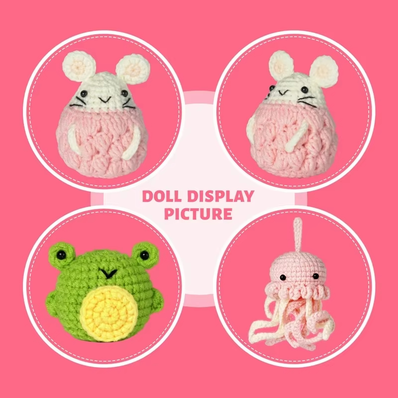 3 Pcs Crochet Animal Set DIY Yarn Knitting Pink Jellyfish Hamster and Green Frog Weaving Plush Doll Easy Starter Making Kit