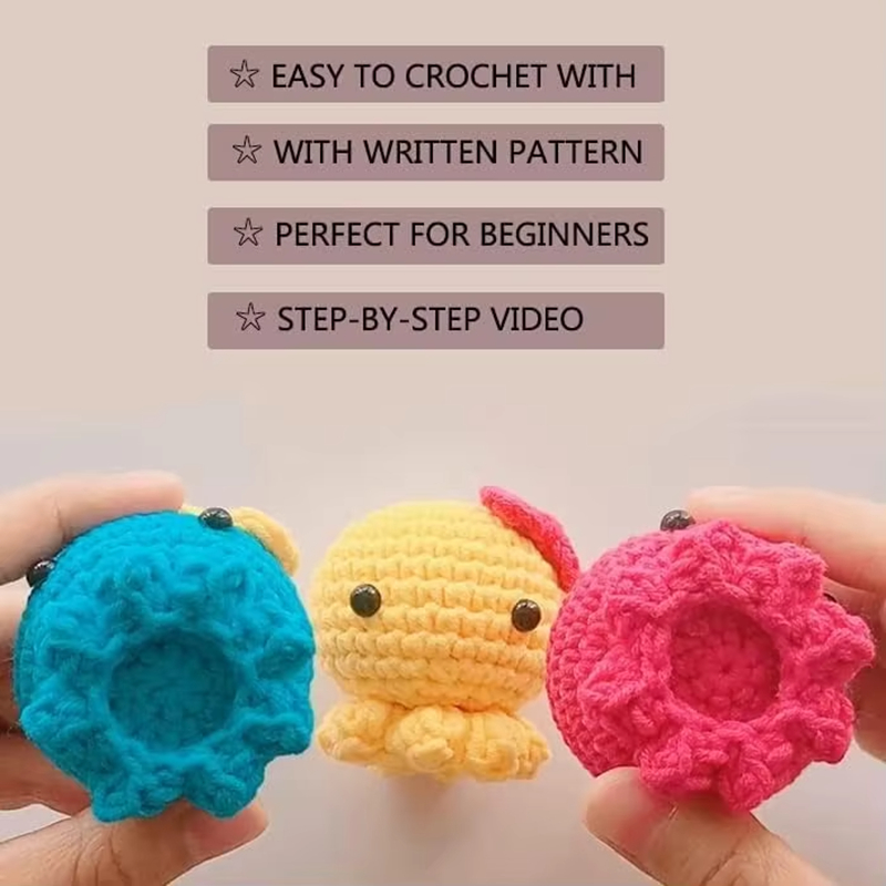 3 Colored Crochet Octopus Set for Starter DIY Knitting Doll Enough Yarn Hook Accessories Making Pendant Keychain Kit