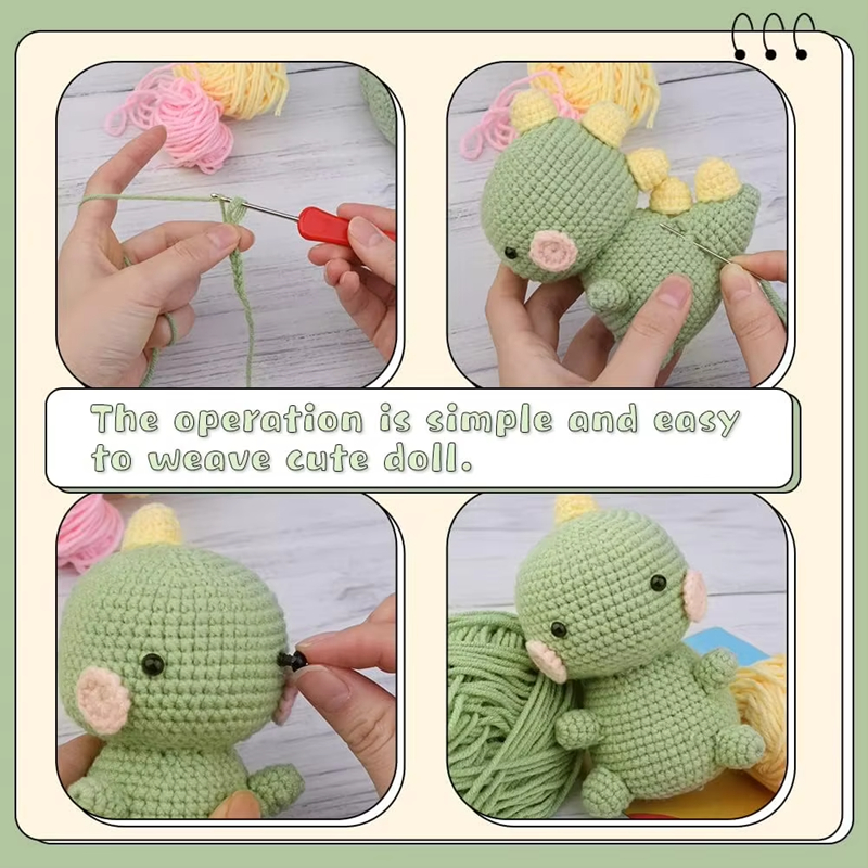 Double Head Crochet Set Handwork Weaving Cute Cartoon Dinosaur Dolls Keychain Pendant Yarn Fiber Fill DIY Creative Knitting Kits